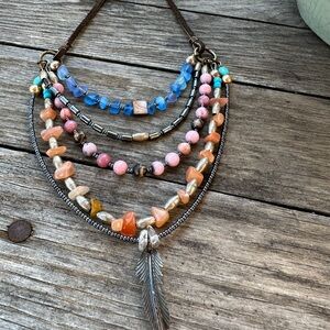 Multicolor Beaded Necklace with Feather Pendant